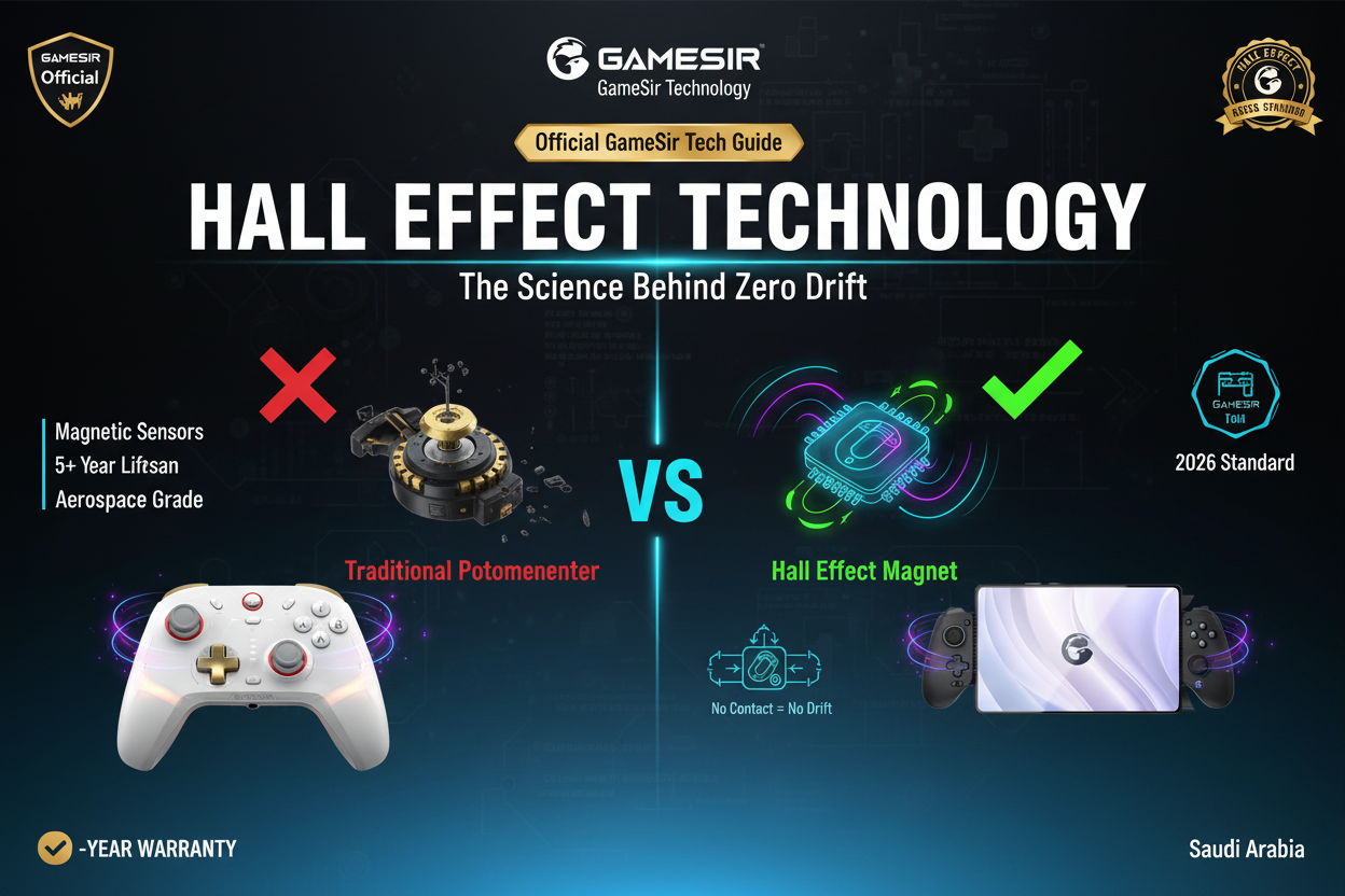 GameSir Hall Effect technology explained - magnetic sensor technology in G7 Pro, Cyclone 2, and G8 Plus controllers eliminating stick drift forever, official GameSir technology guide 2026